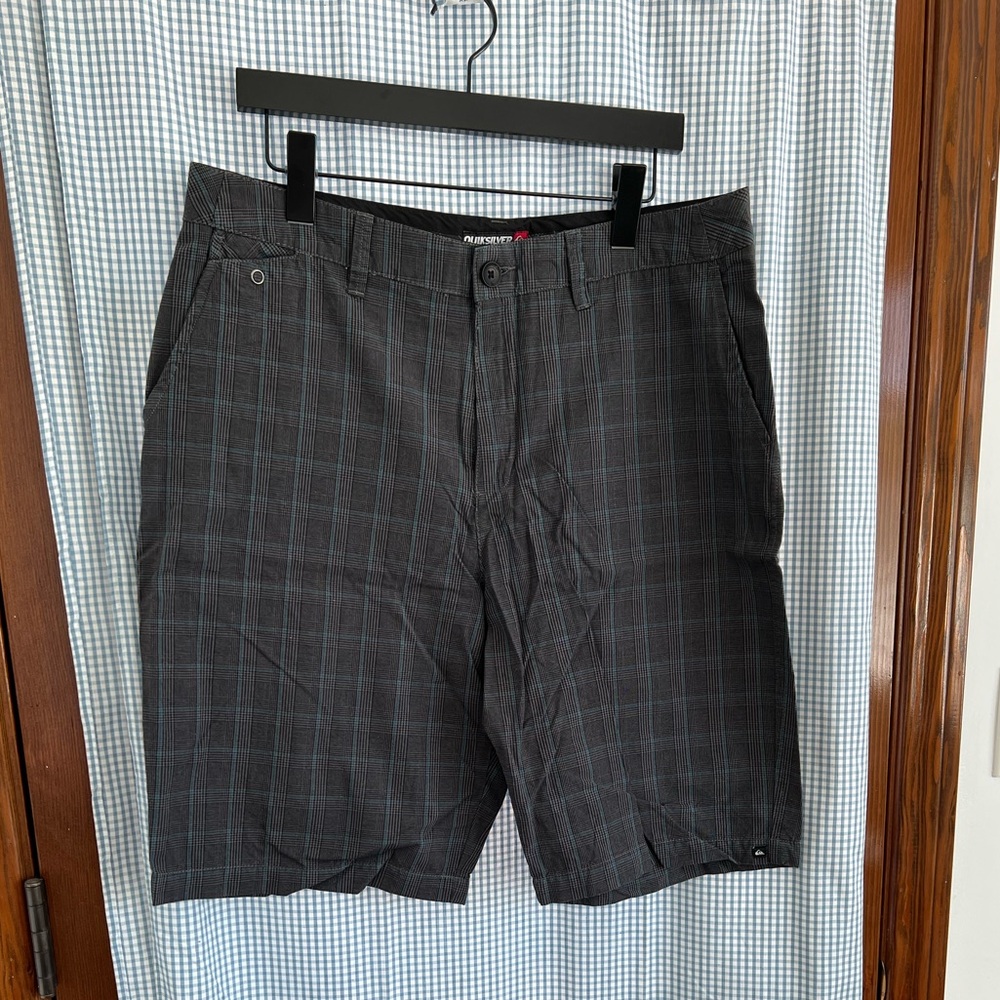 Quiksilver Men's Black Plaid Shorts with Subtle Blue Grid